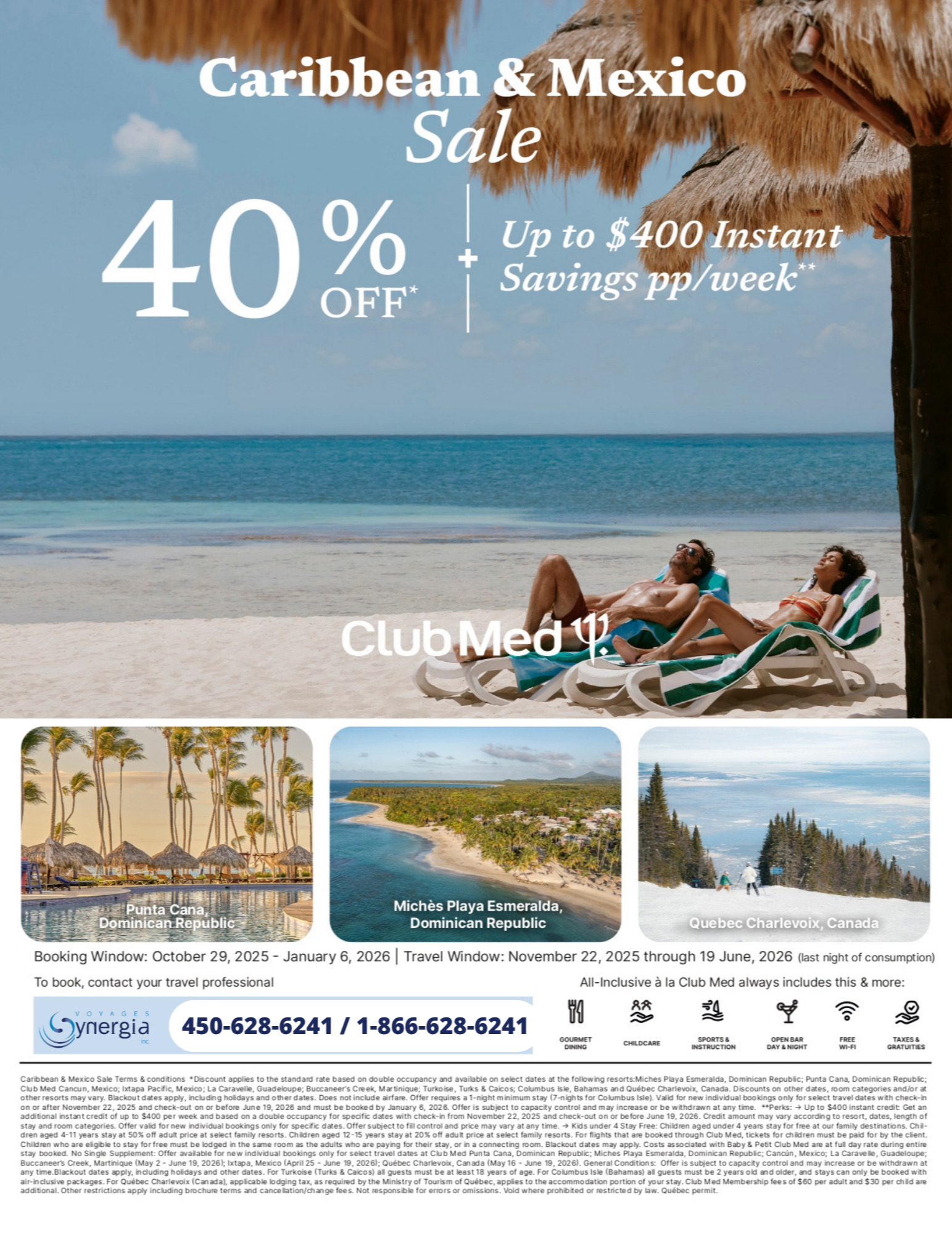 Promotions Club Med Offre Ensoleillée 40% de rabais + 400$ de rabais instantané avec Voyages Aqua Terra CLUB MED PROMOTION Flyer SECTION-1 EN