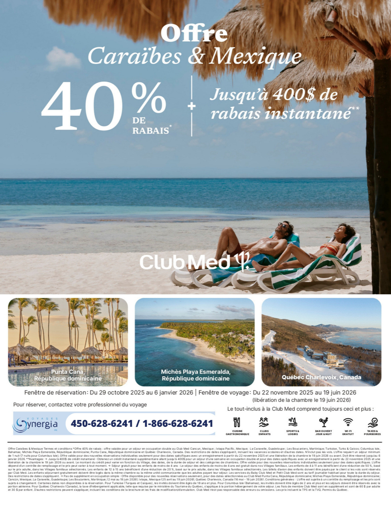 Promotions Club Med Offre Ensoleillée 40% de rabais + 400$ de rabais instantané avec Voyages Aqua Terra CLUB MED PROMOTION Flyer SECTION-1 FR