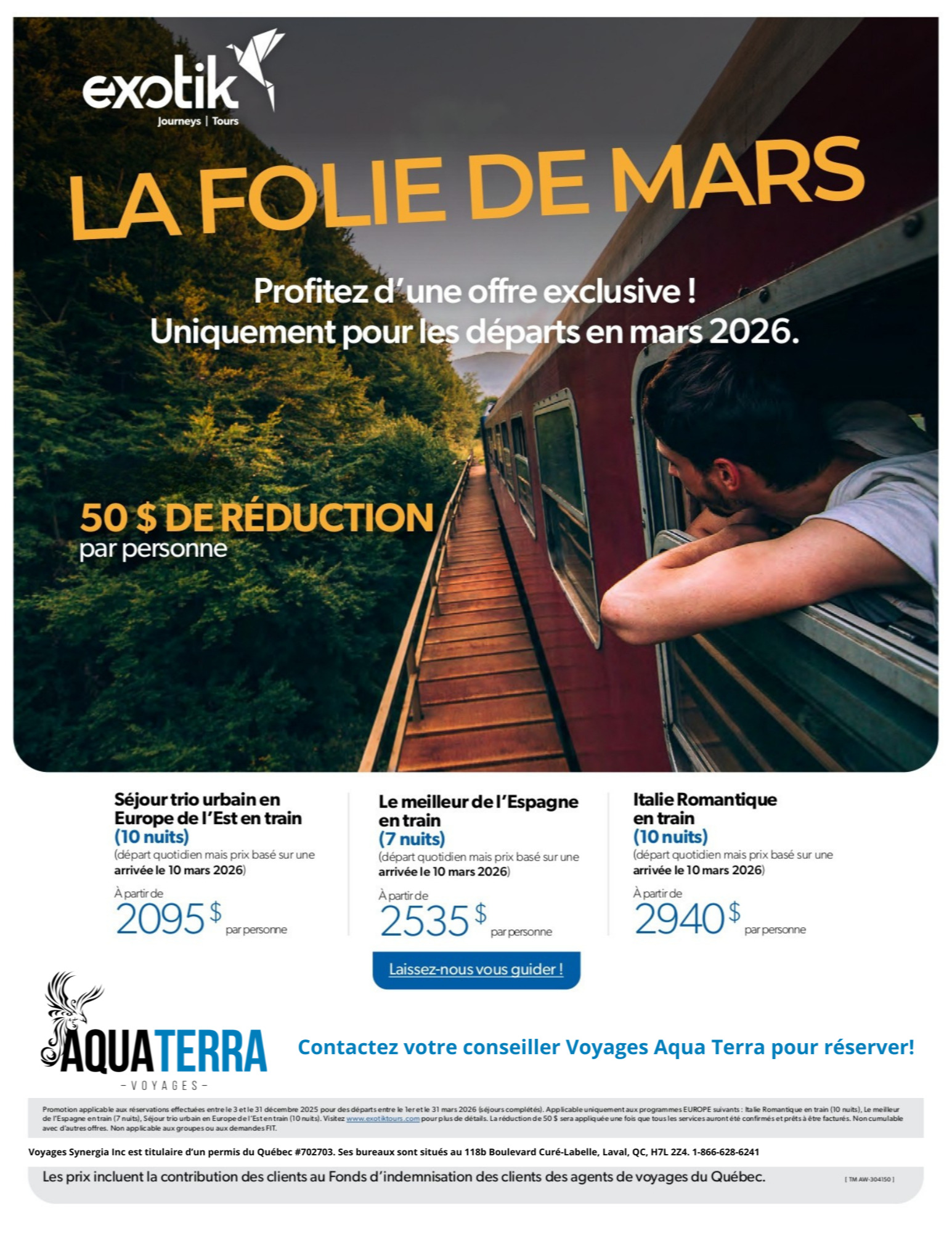 Exotik Tours Promotion 50$ off with Voyages Aqua Terra Hautes-Laurentides