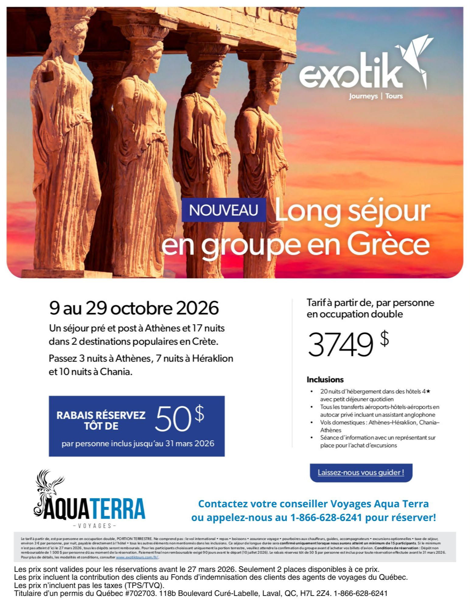 Promotion Exotik Tours Long séjour en groupe en Grèce Athènes Héraklion Chania avec Voyages Aqua Terra Hautes-Laurentides