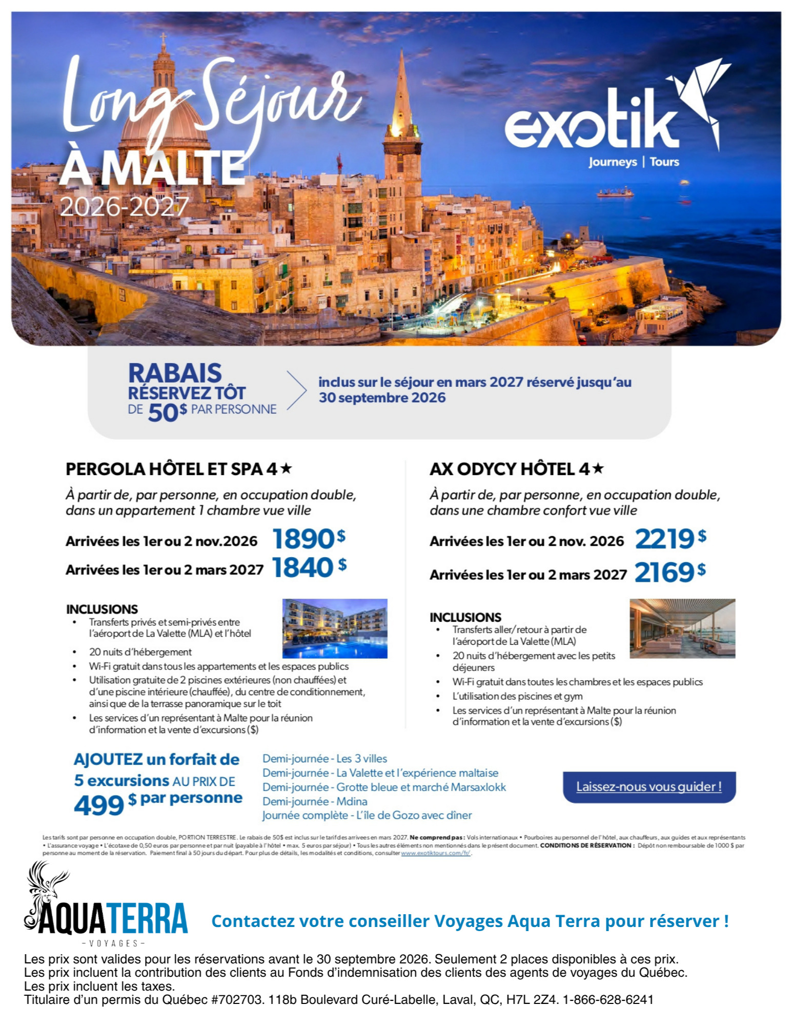 Promotion Exotik Long Séjour à Malte avec Voyages Aquaterra Hautes-Laurentides