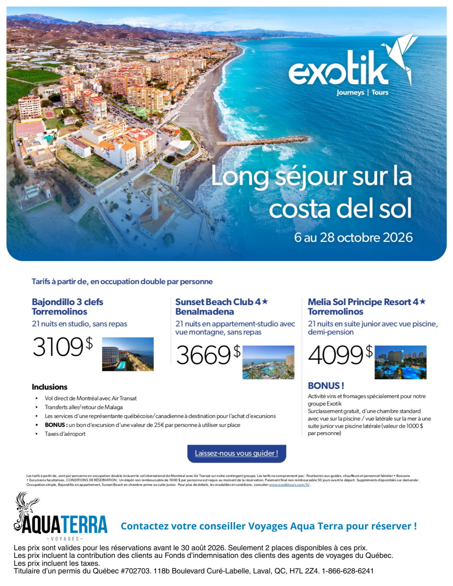 Exotik Promotion Long stay at costa del sol with Voyages Aquaterra Hautes-Laurentides