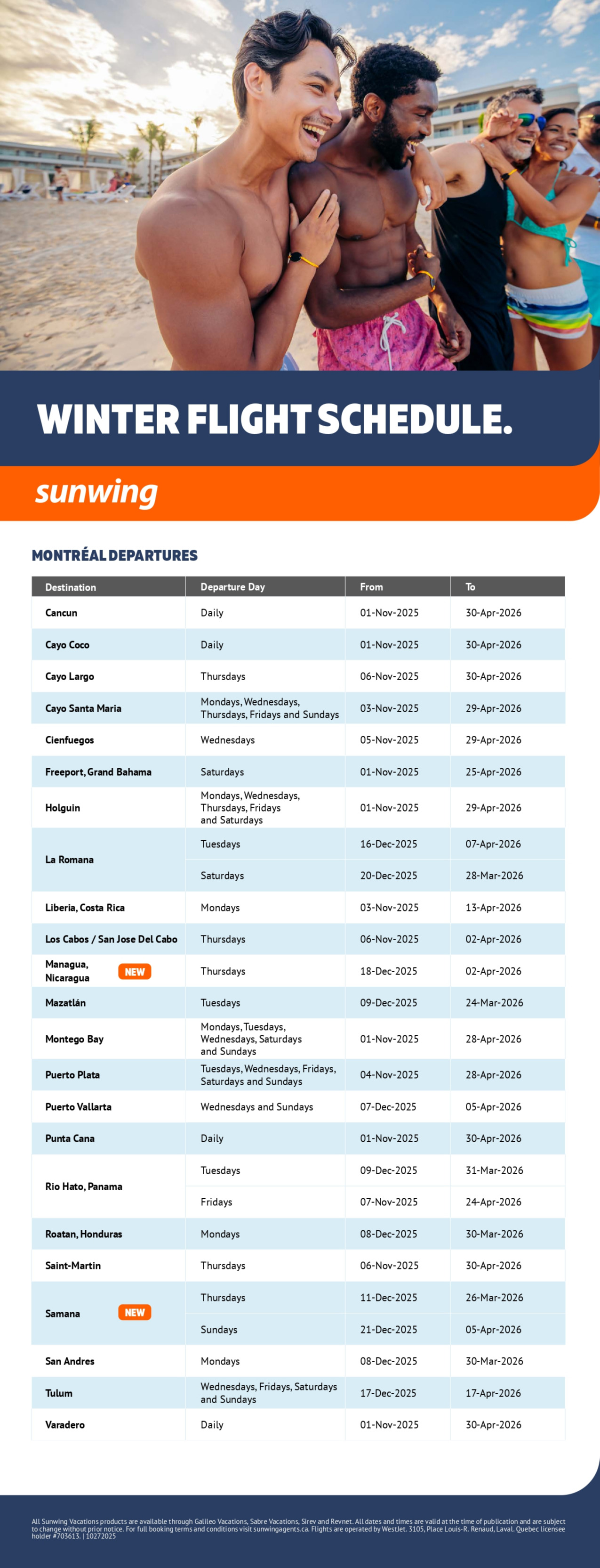  Sunwing Vacations winter flight schedule with Voyages Aqua Terra Hautes-Laurentides