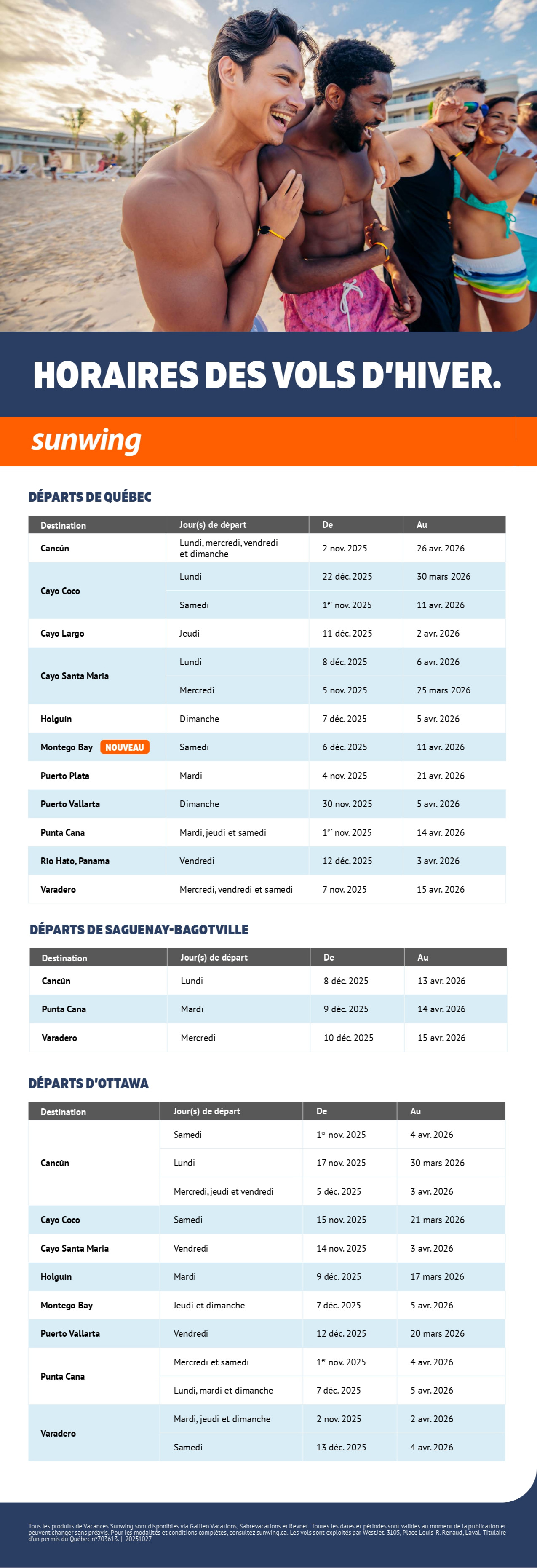 Description EN : Sunwing Vacations winter flight schedule with Voyages Aqua Terra Hautes-Leurentides