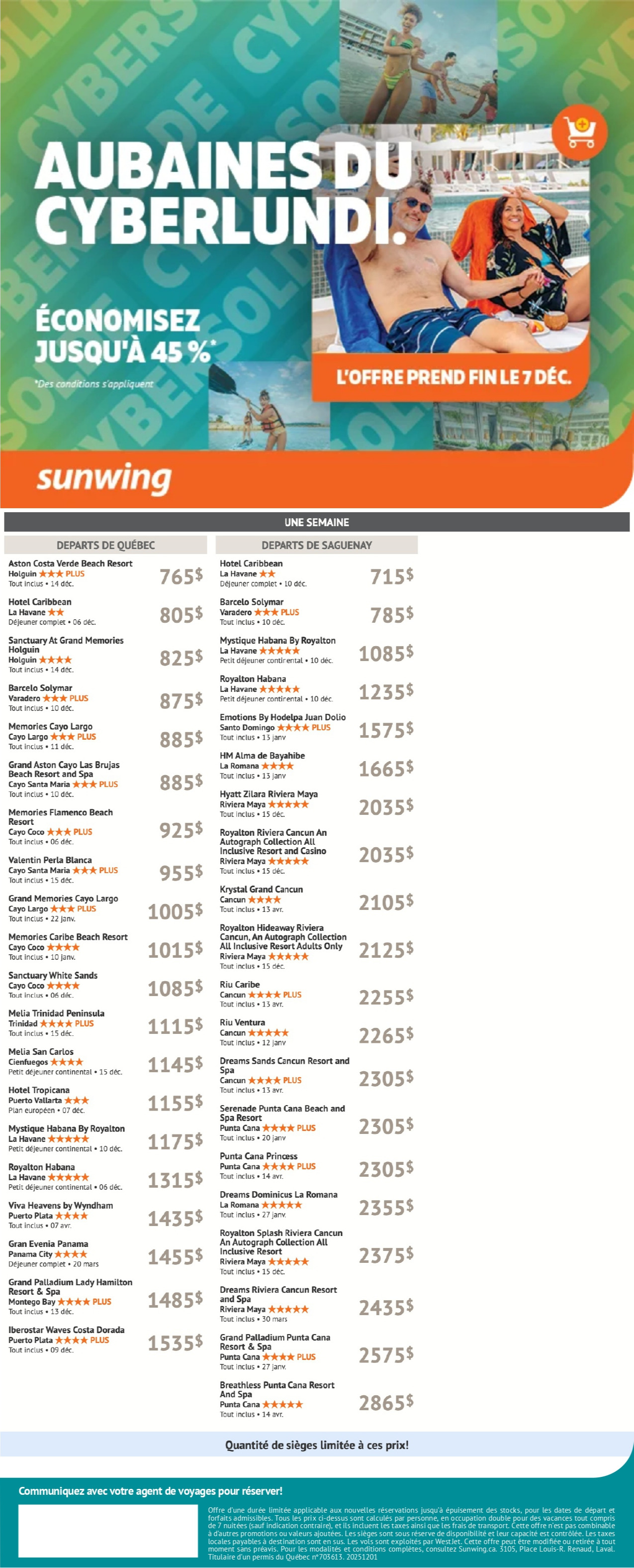 Sunwing Vacations Promotion Cyber Monday with Voyages Aqua Terra Hautes-Laurentides