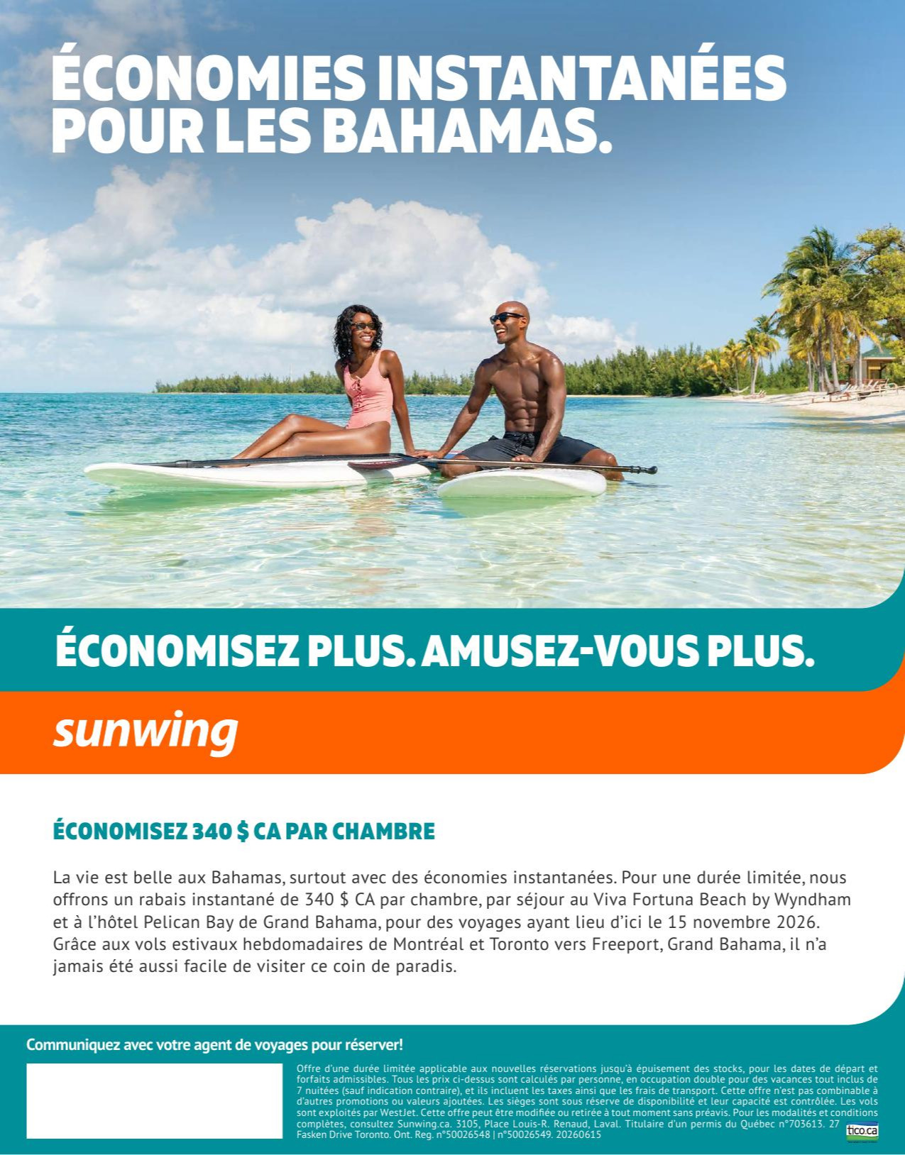Promotion Sunwing Économies instantanées pour les Bahamas avec Voyages AquaTerra Hautes-Laurentides
