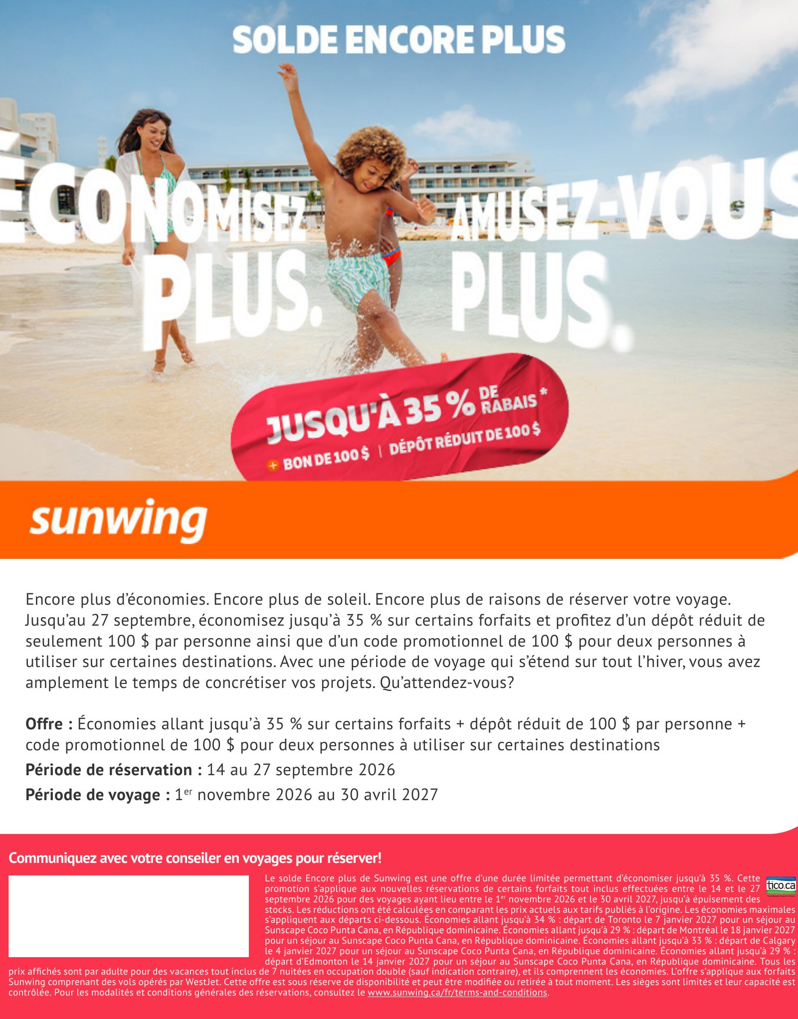 Solde Encore Plus de Vacances Sunwing : rabais sur les forfaits vacances tout inclus avec Voyages AquaTerra Hautes Laurentides