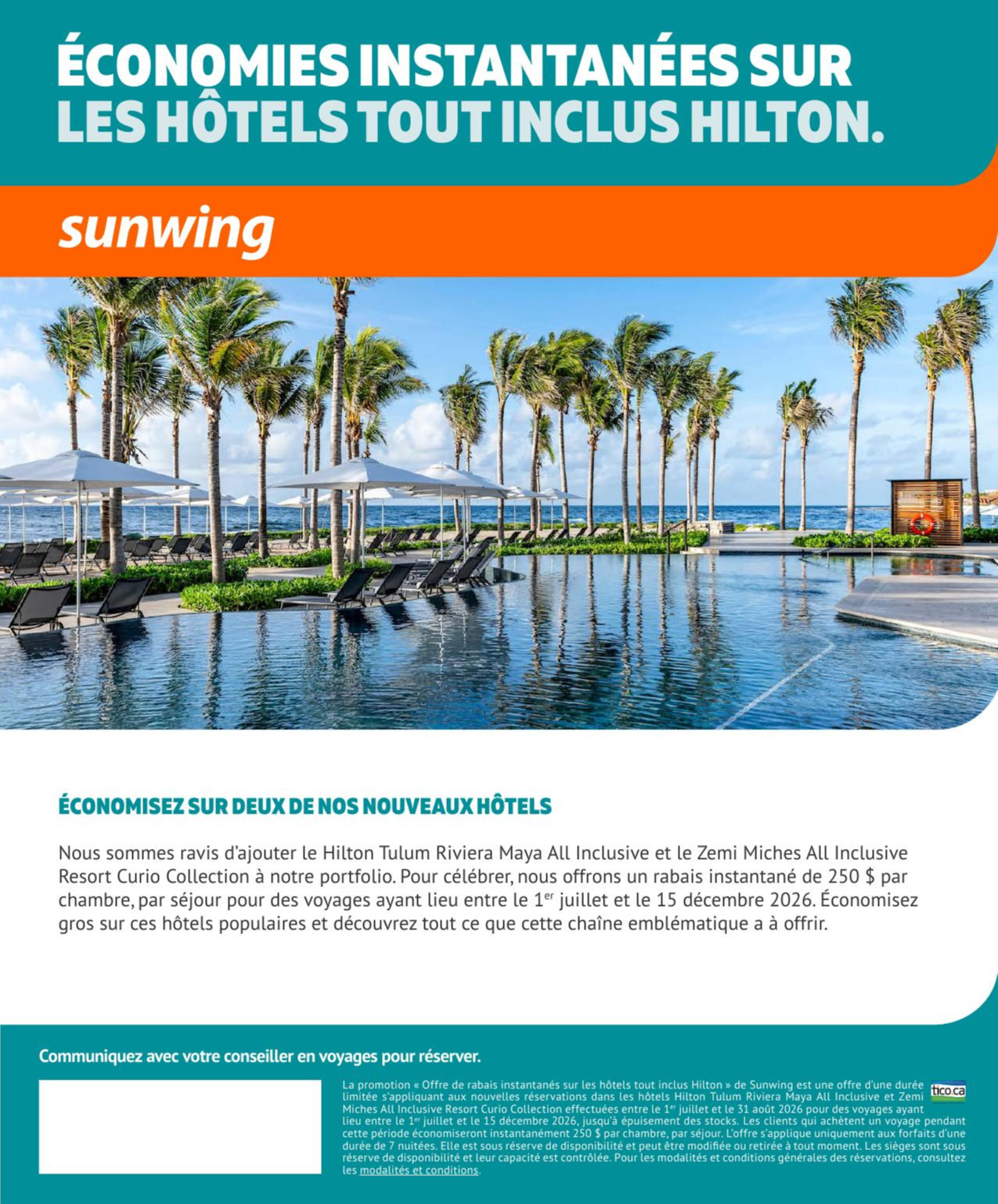 Promotion Sunwing Économies instantanées sur le hôtels tout inclus Hilton avec Voyages AquaTerra Hautes-Laurentides