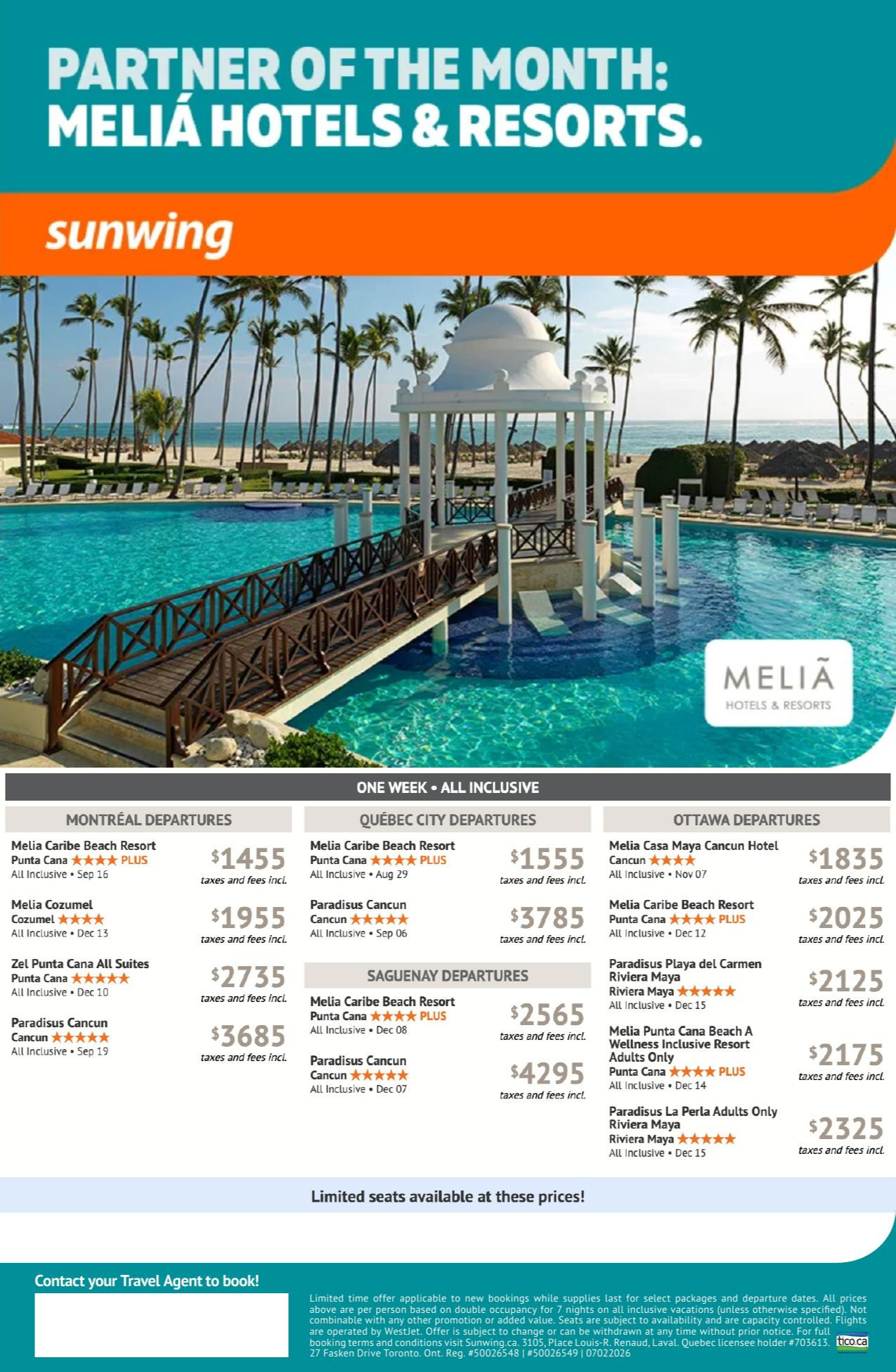 Sunwing Promotion Partner of the month : Melia Hotels & Resorts with Voyages AquaTerra Hautes-Laurentides