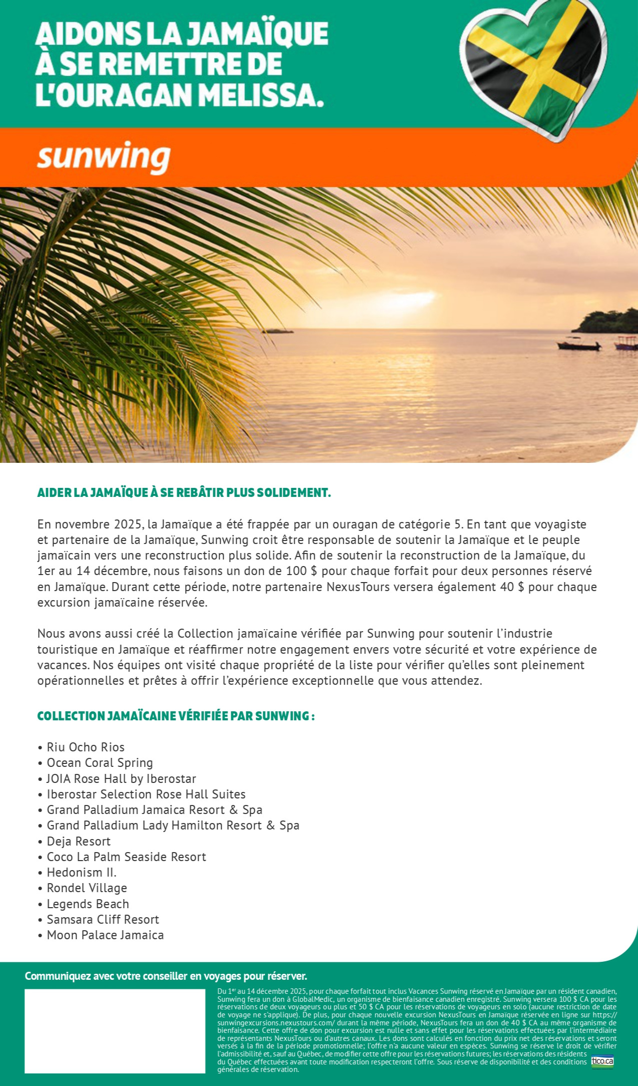 Promotion Vacances Sunwing Ouragan Mélissa Jamaique avec Voyages Aqua Terra Hautes-Laurentides Promotion Vacances Sunwing Ouragan Mélissa Jamaique avec Voyages Aqua Terra Hautes-Laurentides