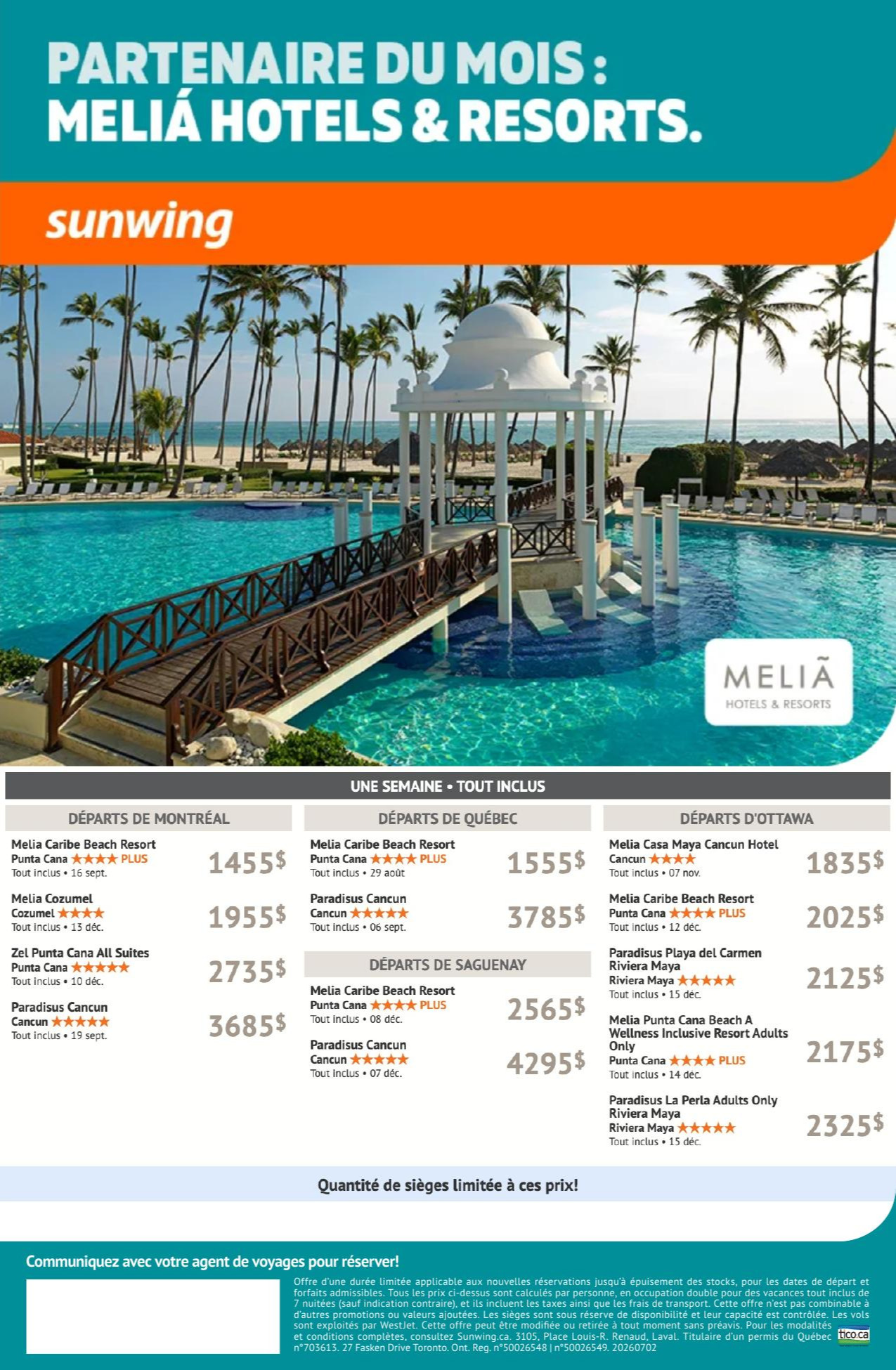 Promotion Sunwing partenaire du mois : Melia Hotels & Resorts avec Voyages AquaTerra Hautes-Laurentides