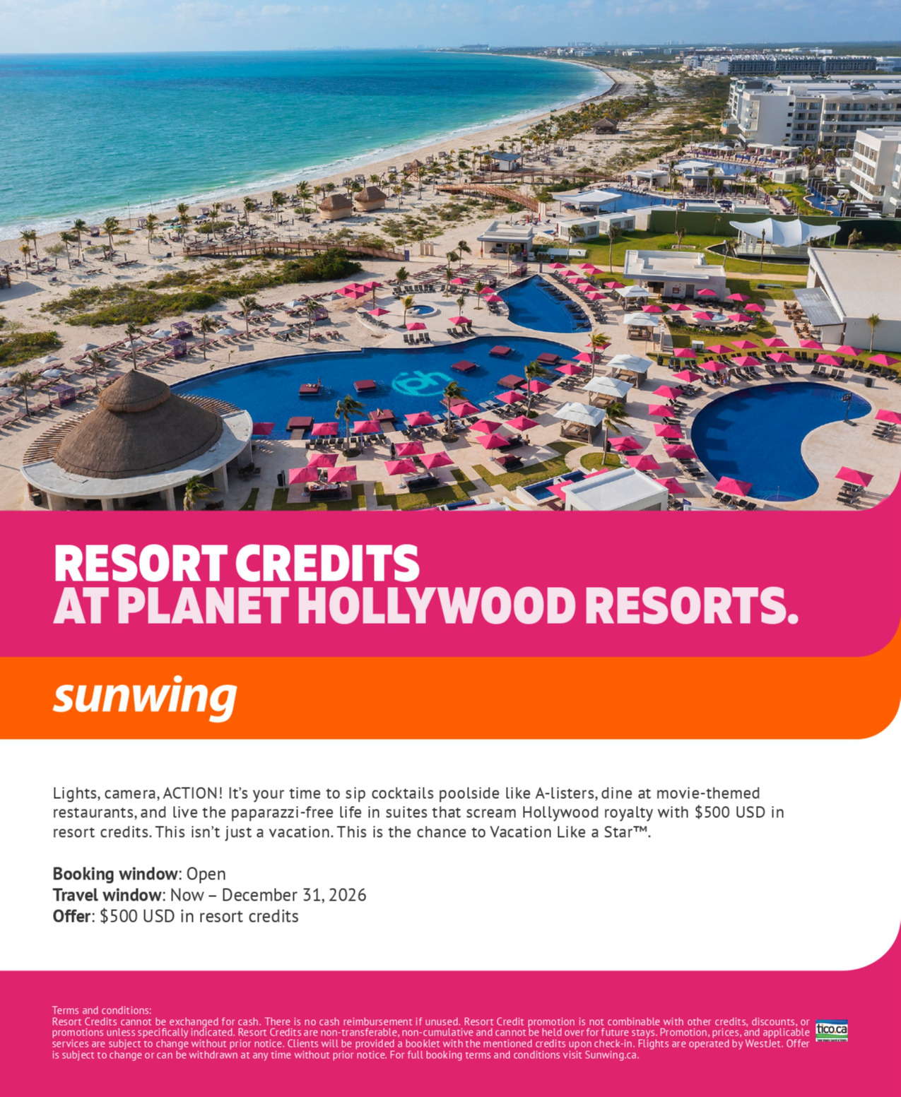 Sunwing Vacations Promotion Resort Credits at Planet Hollywood Resorts with Voyages Aqua Terra Hautes-Laurentides